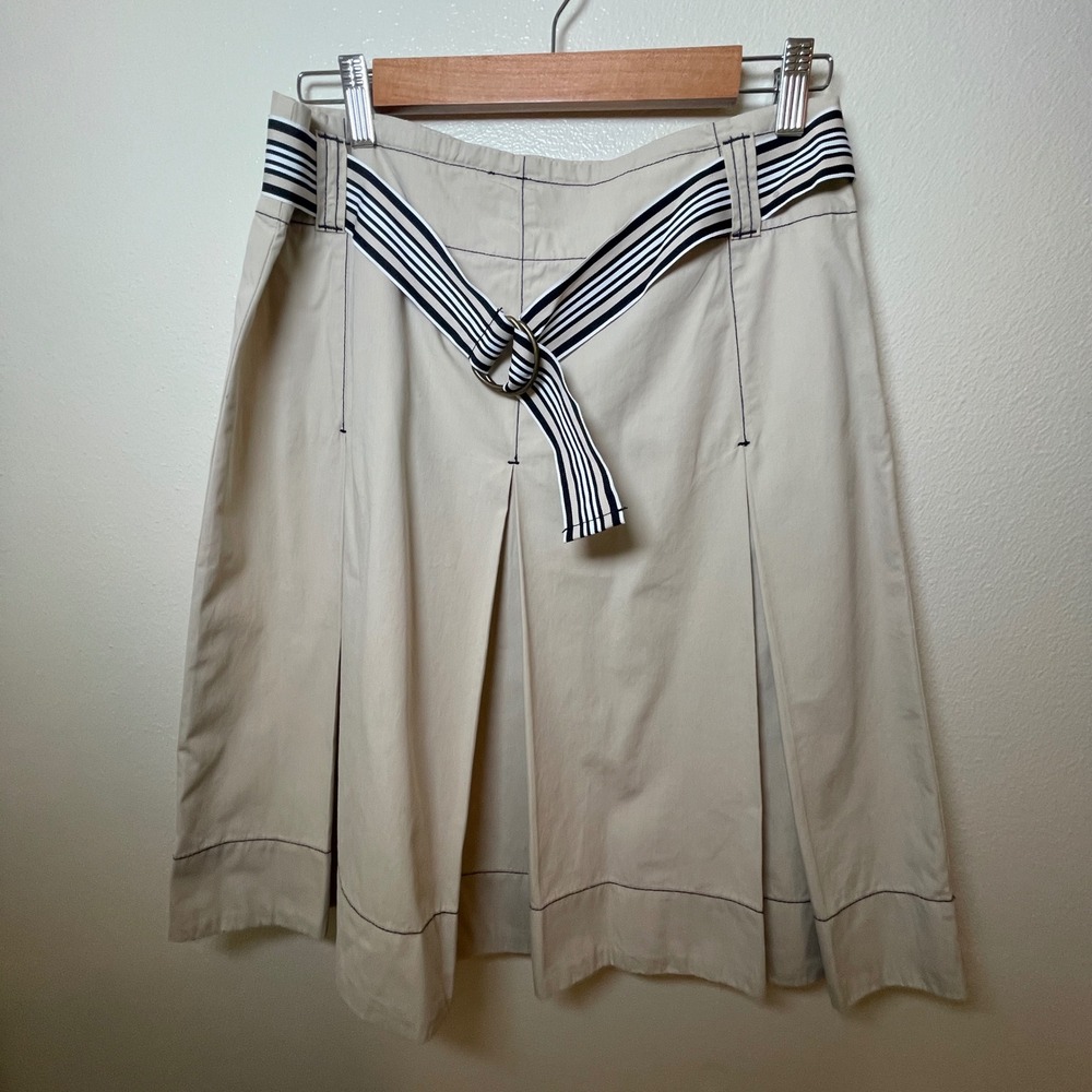 DKNY Y2K Women's Cotton Beige Knee Length Skirt with Black Striped Belt SZ‎ 8